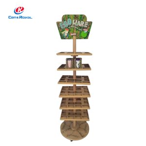 Pr&eacute;sentoir rotatif en bois &agrave; plusieurs niveaux pour tasses en c&eacute;ramique, avec &eacute;tag&egrave;res en grille et base roulante, vitrine de vente au d&eacute;tail